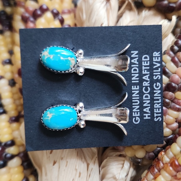 Gorgeous NWOT Native American Navajo Turquoise Squash Blossom Earrings π - Picture 2 of 12